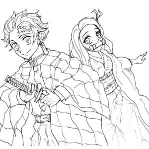 Anime Coloring Page Of Tanjiro And Nezuko (Demon Slayer)