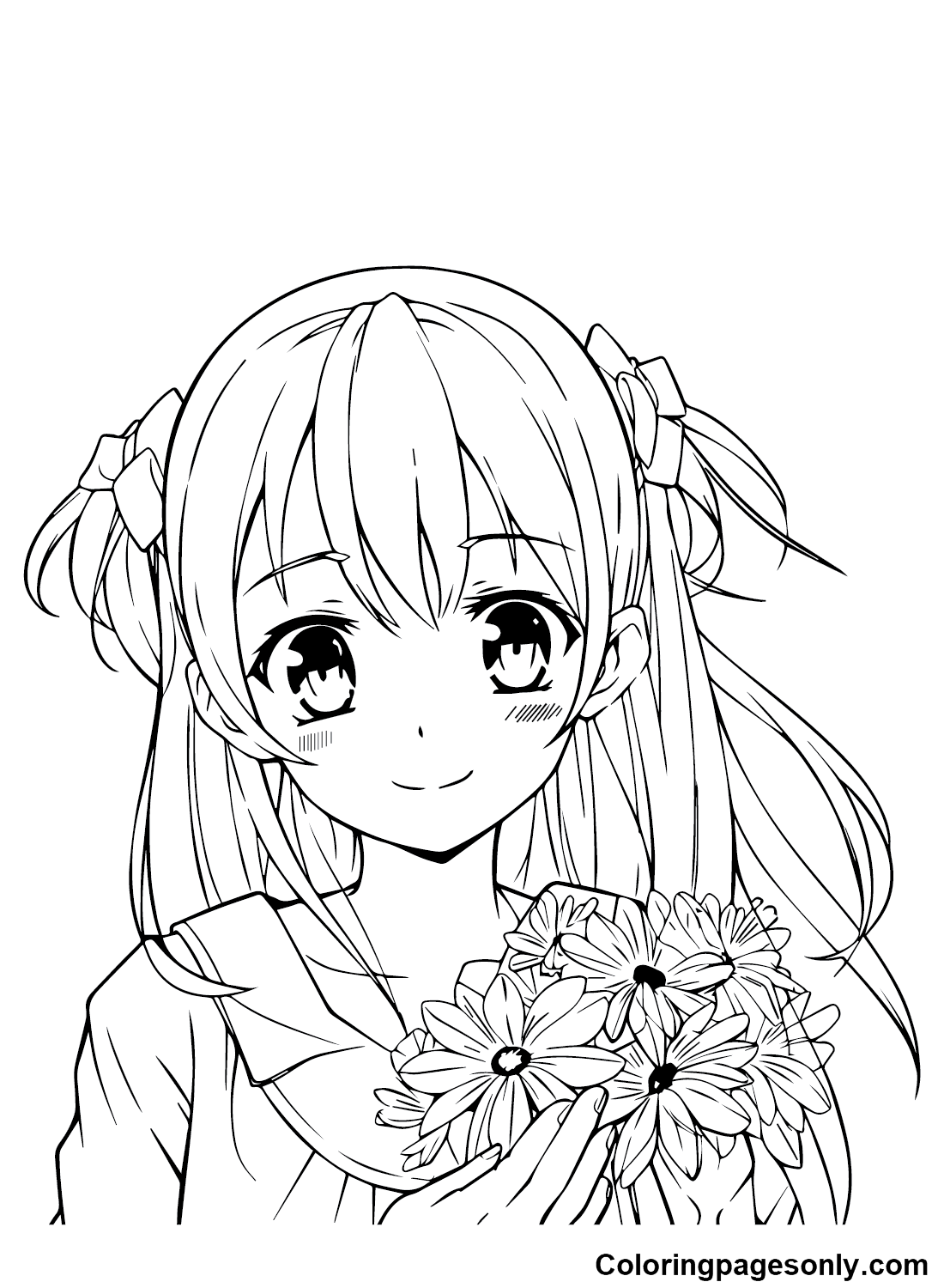 Young Girl, a Flower in Long Hair and a Ruffled Dress. Vector Coloring Page  with Cute Cartoon Anime Girl, Line Art Stock Vector - Illustration of  print, coloring: 273225559