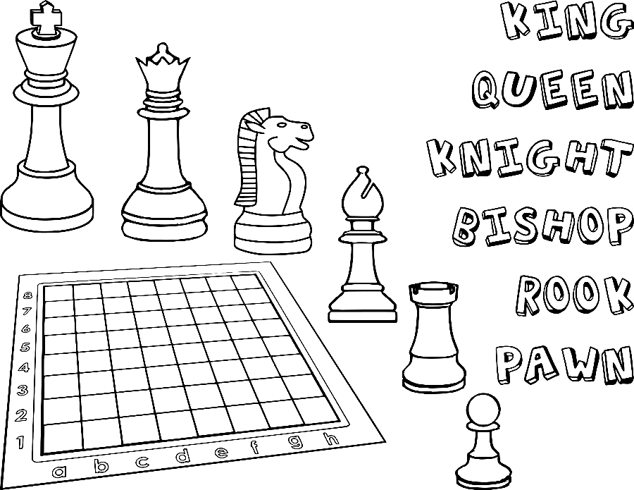 Chessboard with the chess pieces coloring page printable game