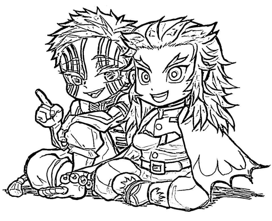 Para Colorir Akaza E Rengoku Chibi Imprimir Grátis